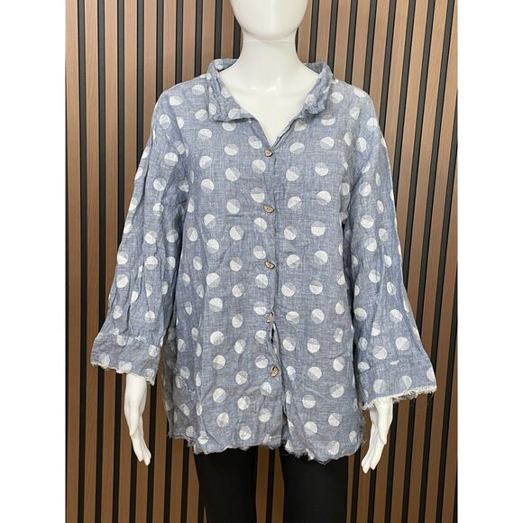 John Mark Women's 3X Blue Shirt Linen Button-Up Boho Raw Hem Classic Polka Dot - Picture 1 of 7